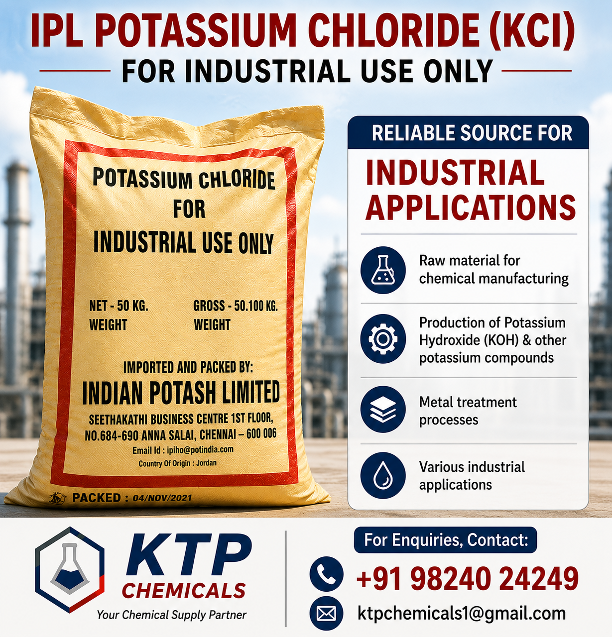 IPL (Indian Potash Limited) Potassium Chloride for Industrial Use Only